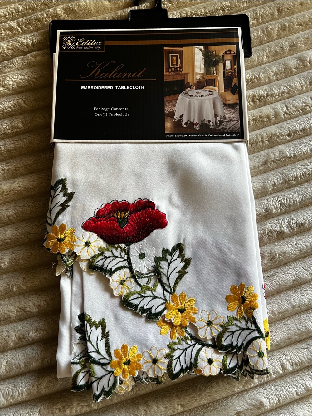 New Editex Kalanit red yellow green white embroidered 60” round tablecloth